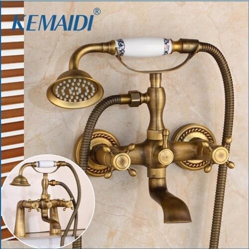 KEMAIDI Bathroom Bath Wall Mounted Hand Held Antique Brass Shower Head Kit Shower Faucet Sets Telephone Style Two Choice Shower