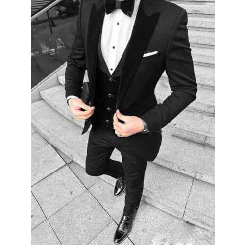 New Arrival Men Suits Black Groom Tuxedos Peak Velvet Lapel Groomsmen 3 Pieces Set ( Jacket+Pants+Vest+Bow Tie ) D323