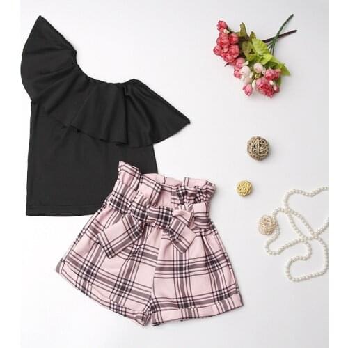 Baby Girls Clothes Summer 2021 Outfits One Shoulder Ruffles Tops Plaid Shorts Kids Clothing