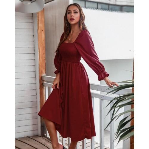 Women Spring Autumn Solid Color A-Line Dresses Shrinkage Square Collar Long Sleeve Slim Long Dress For Woman Robe Femme Vestidos