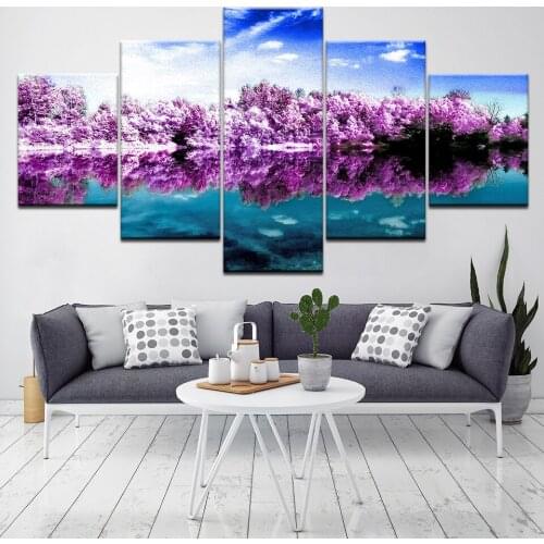 The purple forest landscape 5 Piece Canvas Wallpapers modern Poster Modular art painting for Living Room Home Decor