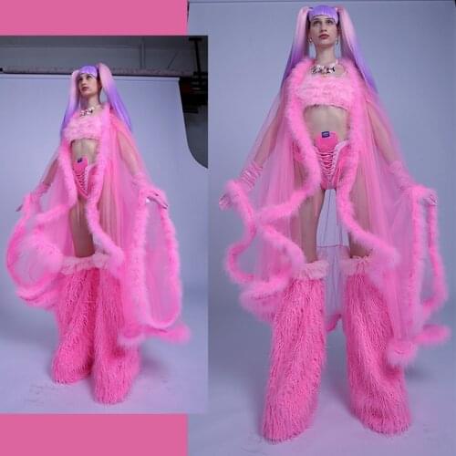 Pink Gogo Dancer Costume Adult Designer Clothes Rave Wear Feather Clock Carnival Outfit Stage Costume DJ DS Clubwear DL7813