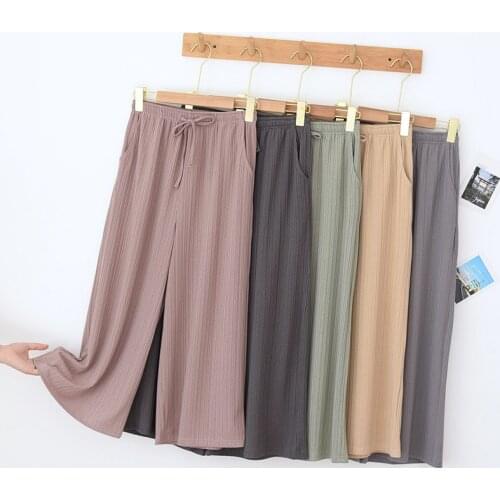 Women Threaded Wide-leg Pants Summer Knitted Solid Sleep Bottoms Plus Size Pajamas Calf-Length Pants Loungewear Thin Sleepwear