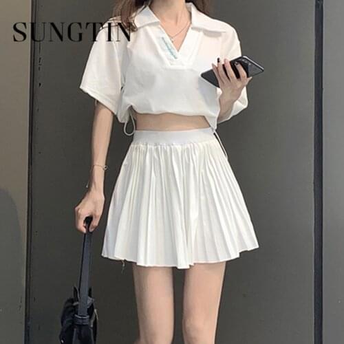 Sungtin Sexy Casual Print 2 Piece Blouse and Skirt Sets Summer Solid Short Sleeve Blouses Chic Pleated Mini Skirts Streetwear