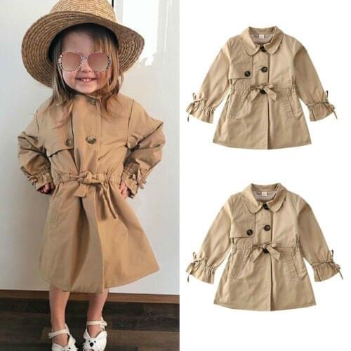 1-7Y Infant Kid Baby Girl Wind Jacket Trench Coat Button Solid Long Length Windbreaker Parka Overcoat Outwear Warm