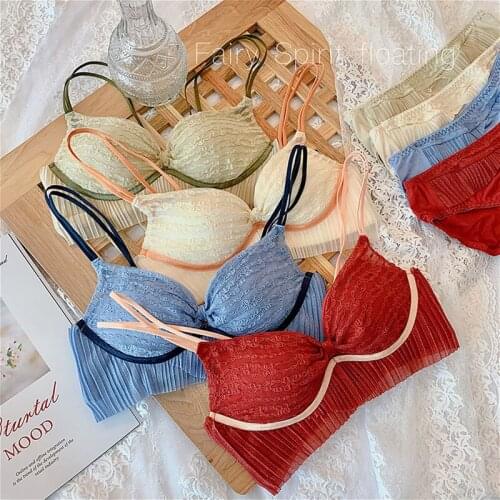Wasteheart Women Fashion Blue Red Lace Trim Padded Bras Bralette Cotton Panties Push Up Sexy Lingerie Sets Underwear A B