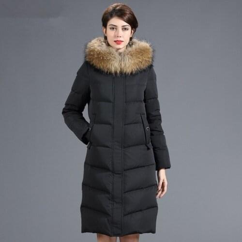 Womens Down Winter Jacket Raccoon Fur Collar Korean Long Jackets for Women Warm Parka Chaqueta Mujer MY