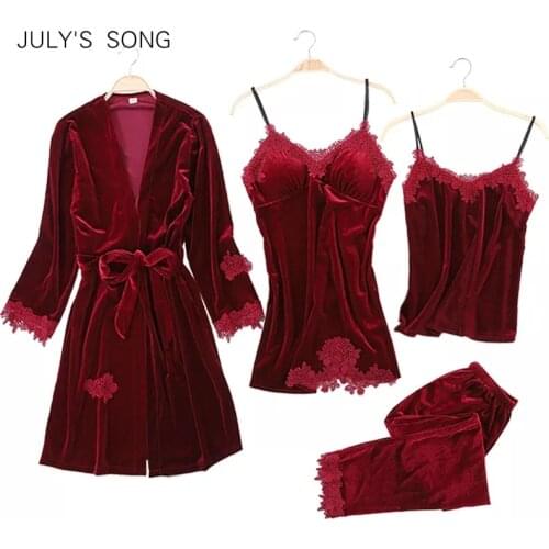 JULYS SONG Women Winter Velvet 4 Piece Sexy Pajamas Set Dressing Gown Lace Sling Shorts Warm Robe Sleepwear