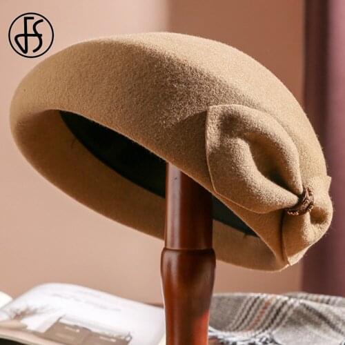 FS Retro British French Berets Caps For Women Fashion Wool Felt Fedora Hat Winter Church Female Vintage Cloche Hats With Bowknot