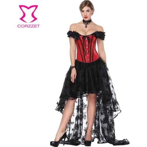 Corzzet Victorian Red Sequined Off Shoulder Overbust Corset And Foral Lace Skirts Sexy Steampunk Gothic Bustiers Sets