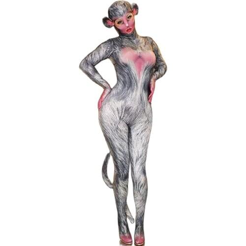 Fur Printed Role-Playing Monkey Performance Jumpsuit Personality Adult Women Sknny Stretch Bodysuit Halloween Costume