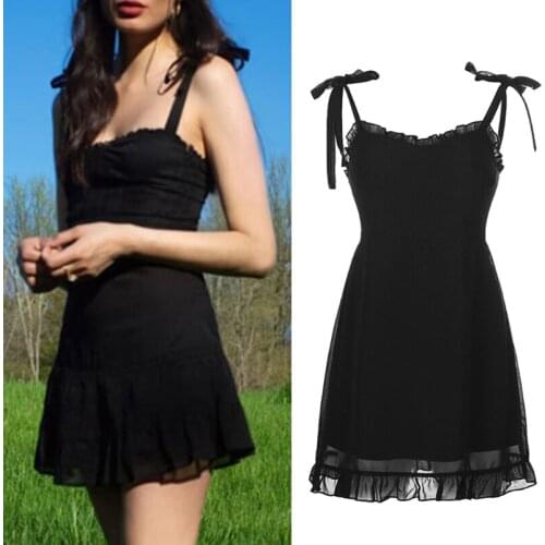 Women Goth Punk Tie Up Strap Sleeveless Black Mini Dress Sexy V-Neck Frill Ruffles Trim Skinny Pleated A-Line Streetwear