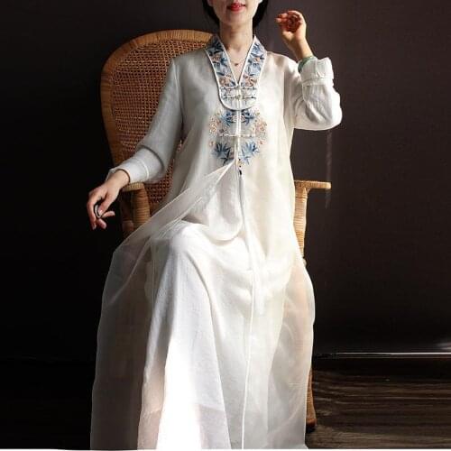 Chinese Style Classical Flowers Embroidery Qipao Dress Long Sleeve Fairy Tassel Loose Long Sleeve Modern Female Cheongsam