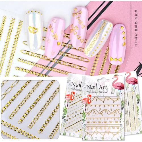 1 Sheet Gold Metal Chains Nail Stickers Mix Wave Heart Bow 3d Golden Metallic Adhesive Sticker DIY Manicure Nail Art Decorations