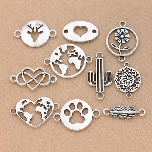 10pcs Mix Antique Silver Plated Map Heart Connector for Jewelry Making Bracelet Accessories Craft DIY handmade Findings 10styles