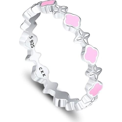 Openwork Floral Rings 100% Authentic 925 Sterling-Silver-Jewelry with Pink Enamel Free Shipping