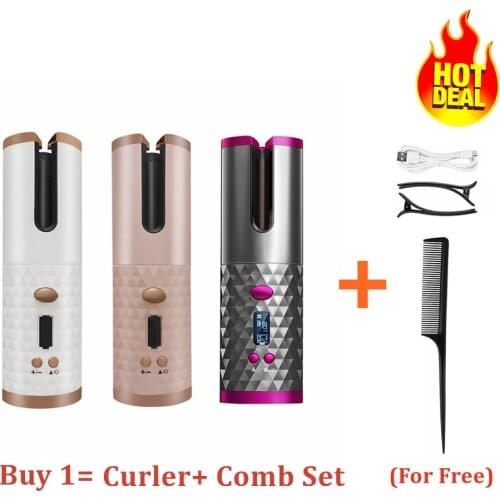 Cordless Auto Rotating Ceramic Hair Curler USB Rechargeable Curling Iron LCD Display Temperature Adjustable Curling Wave Styler