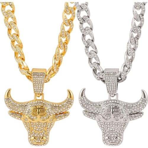 Chinese Zodiac Bull Head Full Crystal Pendant Necklaces Mens Hip-Hop Fashion Street Metal Chain Necklace 2021 Hot Jewelry