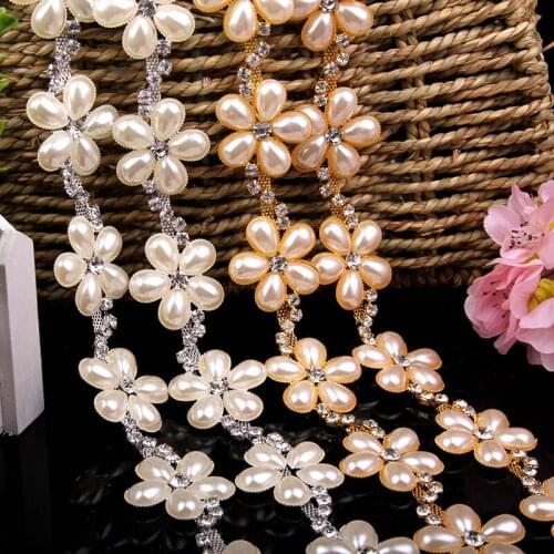 1 yard 2 cm Pearls Flower Crystal Chain Trims DIY Necklace Neckline of Dress Shirts Costume Belt Silver Gold Plated
