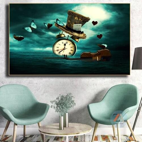 Clock violin butterfly hat creative painting surrealist home decor canvas painting modern wall art posters and printing