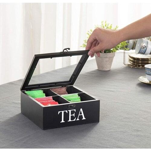 4 Cells Wooden Visible Storage Box with Lid & Latch for Tea Bag Jewelry Coffee Retro Style 23*23*9CM H88F
