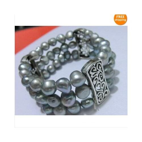New Fashion Unique Pearls Jewellery 3Rows AAA 8-9MM Baroque Genuine Freshwater Pearl Tible Silver Elastic Bracelet