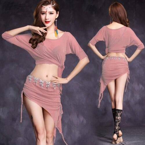 New Female Silver Mesh Belly Dance Costume Practice Set Top+skirt clothing Oriental Dance Belly Dancing Sexy Dancer Practice HOT