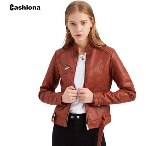 Cashiona 2021 Autumn Faux Pu Leather Jackets Women Fashion Top Sexy Femme Outerwear Pocket Zipper Coat Lace-up Slim Biker Jacket