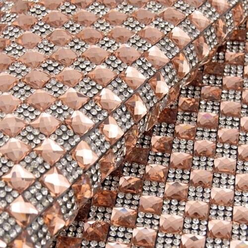 JUNAO 24*40cm Champagne Hotfix Glass Square Rhinestone Mesh Crystal Fabric Trim Glass Strass Ribbon for Clothes Crafts