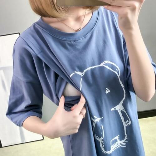 Summer Pregnant Mom Cartoon Bear Nursing Tops Postpartum Mommy Casual Breast Feeding Clothes Womens Pregnancy Maternity T-Shirt