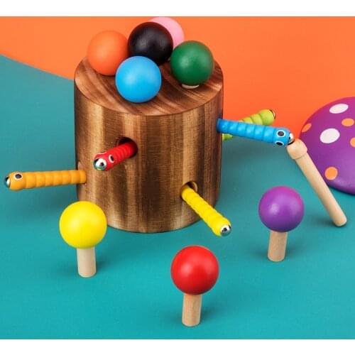 Magnetic Mushroom Catch Insects Worm Game Rainbow Wooden 3D Puzzle Blocks Kids Children Montessori Educational Toys Gifts