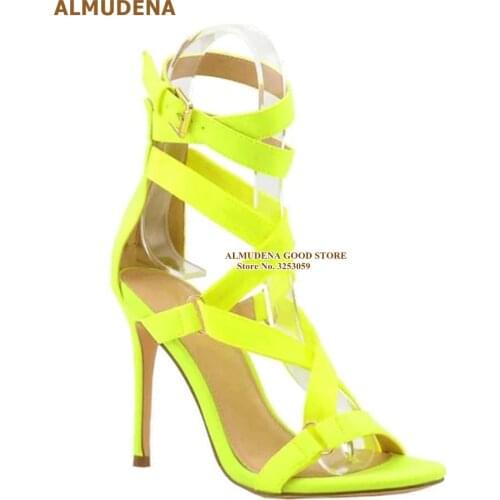 ALMUDENA Neon Yellow Suede Cage Sandals Metal Ring Buckle Decorated High Heel Shoes Buckle Cross Strappy Nightclub Party Shoes