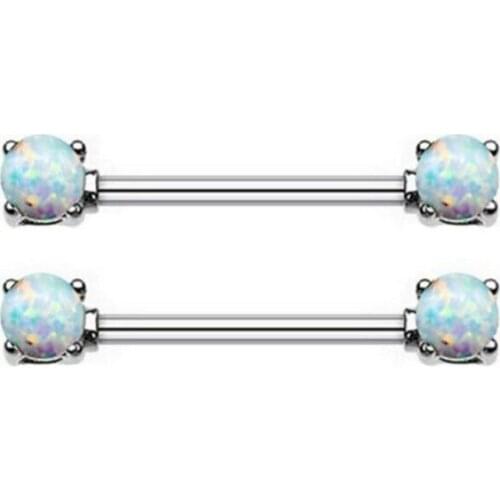 Pair of Synthetic Opal Glitter Front Facing Prong Set 14GA Surgical Steel Nipple