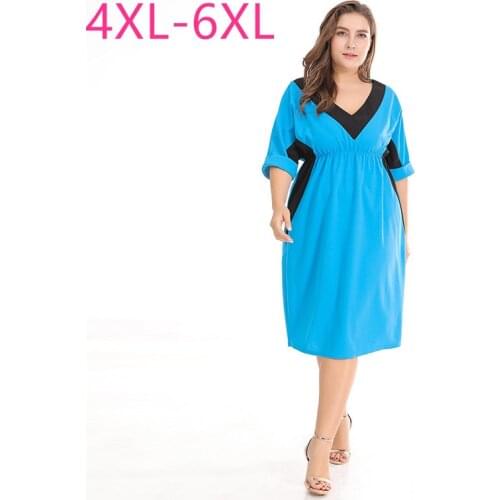 New 2021 summer plus size midi dress for women large short sleeve loose casual elastic waist blue V neck dress 4XL 5XL 6XL