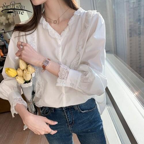 Long Sleeve Chiffon Shirt Blouses Women Casual 2021 Spring V-neck White Blouse Femme Button Office Laday Lace Shirts Tops 13113