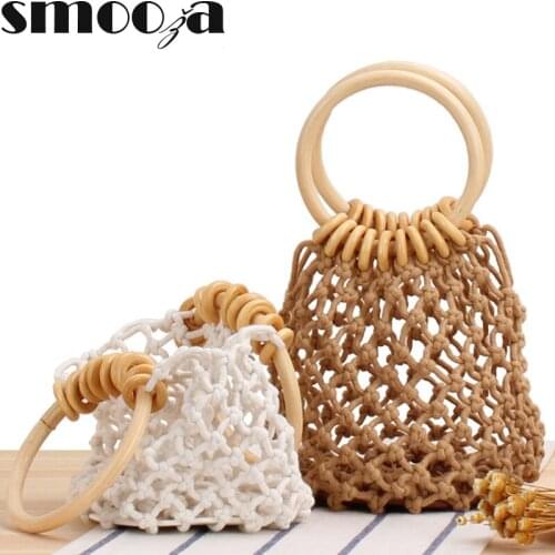 SMOOZA 2021 New Solid Color Handbag Woven Bag Trend Female Natural Style Straw Bag Handmade Cotton Rope Net Bag Beach Bag