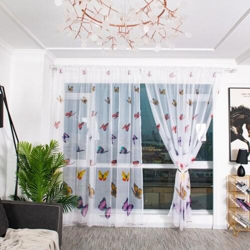 Curtains Yarn Finished Light Colorful Butterfly Printed Penetrating Transmission Wear Rod Living Room Curtain Home Decoration