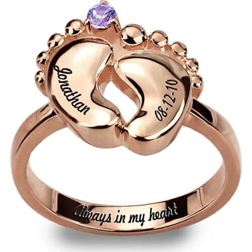 Uonney Dropshipping Engraved Baby Feet Ring With Birthstone Valentines Day Gift For Grandmother Silver Rose Gold