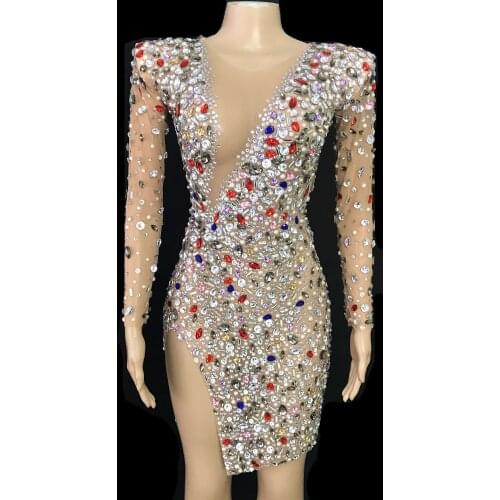 Multi-color Stones Pearls Dress Prom Evening Sexy Transparent Singer Dancer Rhinestones Costumes Evening Birthday Prom Dresses