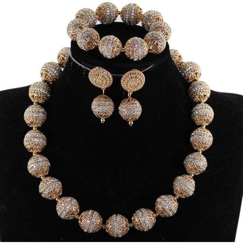 Splendid Gold Balls Beaded Jewelry Set Rhinestone Jewelry Copper Necklace Bracelet Earrings Set for African Party WE197