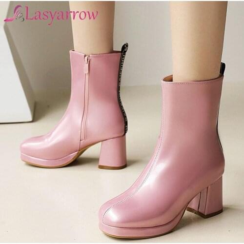 Lasyarrow Red Pink White Black Women Ankle Boots Platform Square High Heel Ladies Short Boots Patent PU Leather Round Toe Women