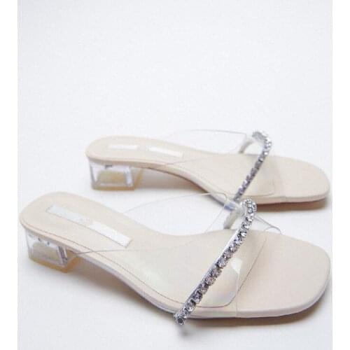 Womens Sandals 2021 Summer Pvc Transparent Rhinestone Fairy Style Thick Heel Outer Wear Open-toed Semi-drag Muller Shoes