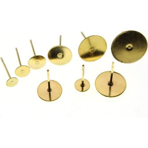 50pcs Gold Color Surgical Stainless Steel Stud Earring Base 3 4 5 6 8 10 12mm Pad Earring Tray Settings DIY Jewelry Make
