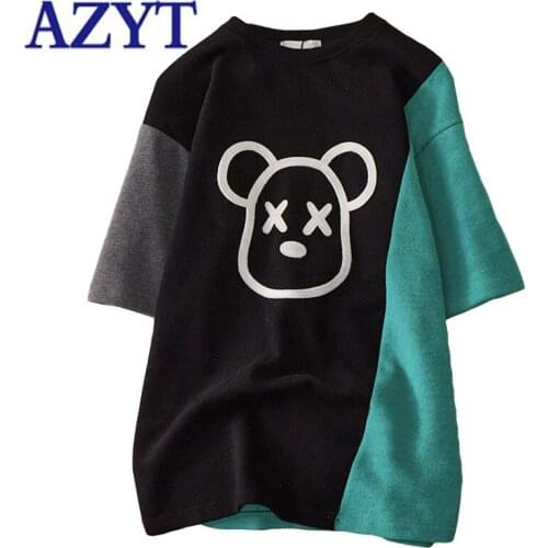 AZYT 2021 Summer New Patchwork Short Sleeve T Shirt Women Korean Loose Cartoon Print Women Oversized T Shirt Casual O Neck Tees