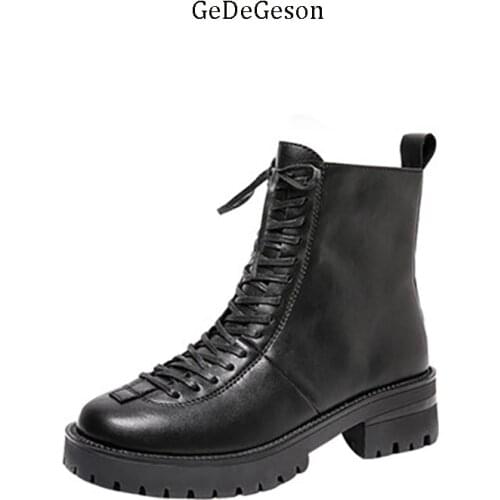 Brand Lace-up Martin Boots Women Genuine Cowhide Leather 4.5cm/7cm High Increasing Fashion Shoes Comfortable