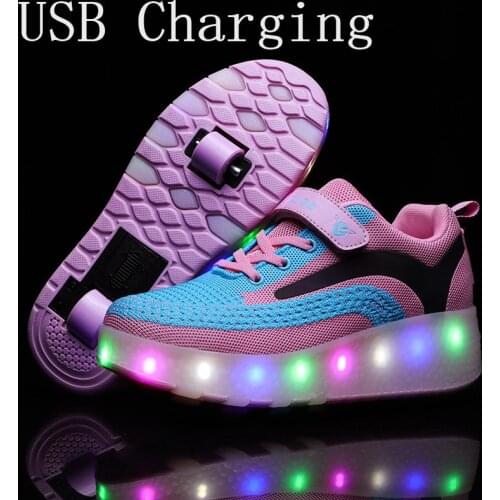 2020 Pink USB Charging Fashion Girls Boys LED Light Roller Skate Shoes For Children Kids Sneakers With Wheels Two wheels