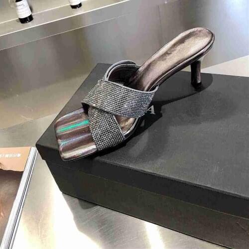 Designer Slippers Women Bling Bling Rhinestone High Heel Summer Slides Crystal Slippers Beach Sandles Shoes Sexy Sandalias