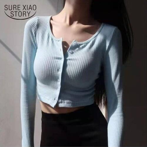 Korean Style O-neck Short Knitted Sweaters Women Thin Cardigan Autumn Fashion Sleeve Sun Protection Crop Top Ropa Mujer 15822