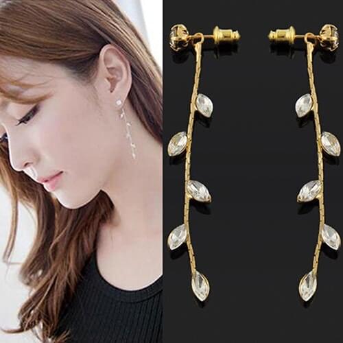 Hot! Womens Evening Party Crystal Rhinestone Long Branch Leaves Earrings Ear Stud