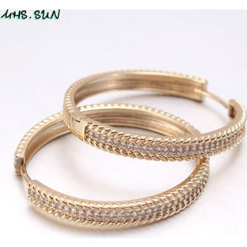 MHS.SUN Luxury Gold Color Women AAA Zircon Loop Earrings Fashion Hoop Earrings Girls Ladies Ear Jewelry 1Pair/lot